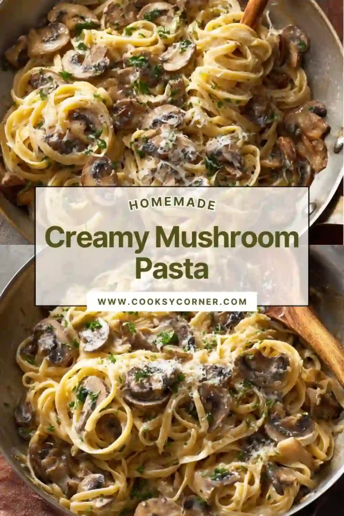 Homemade creamy mushroom pasta with golden mushrooms and thick sauce.