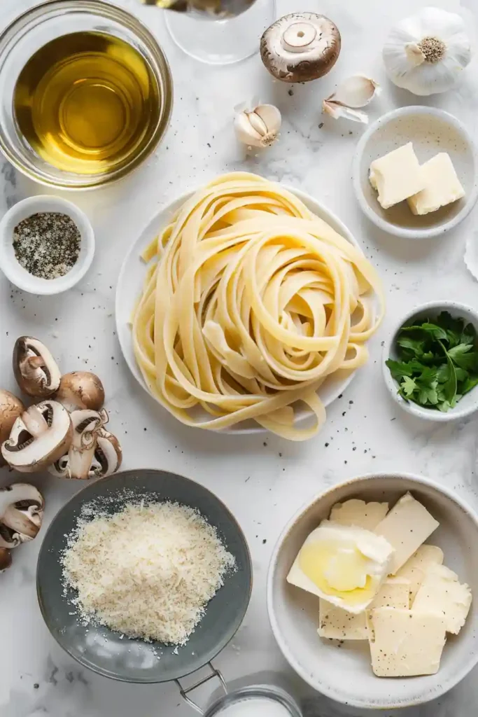 Plate of creamy pasta with mushrooms and parmesan garnish.