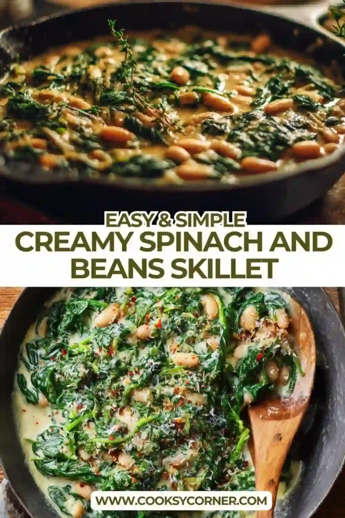 Close-up of creamy navy beans and wilted spinach in a smooth, cheesy sauce in a pan.