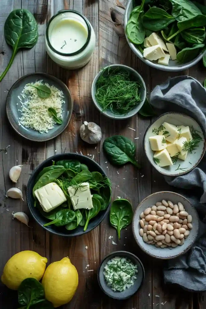Comforting spinach and bean dish with melted cheese and garlic in a rustic skillet setting.