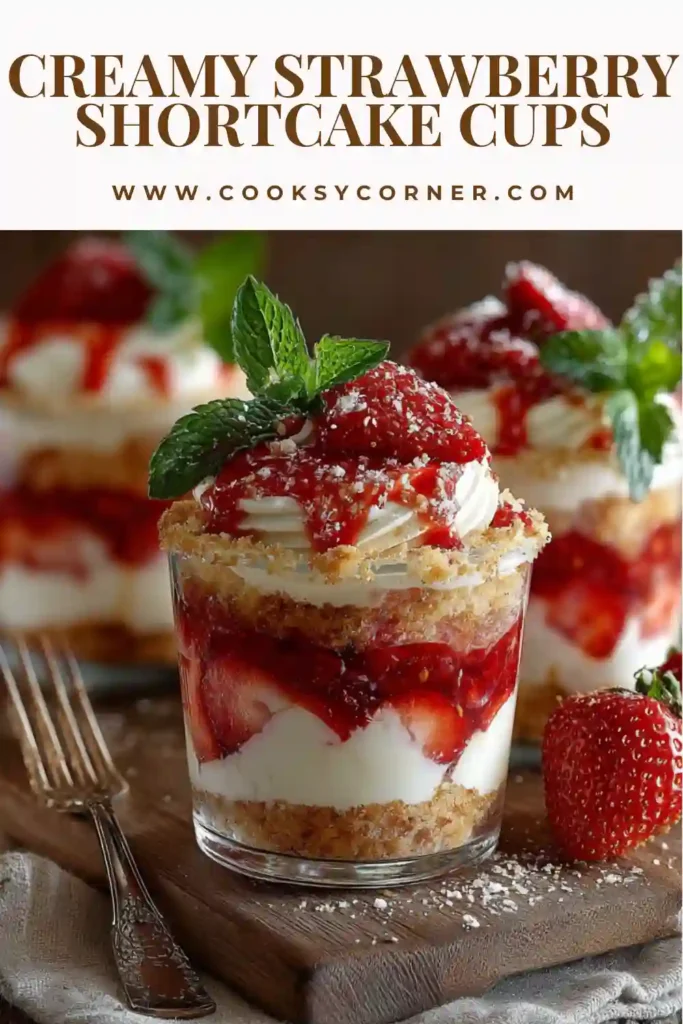 No bake strawberry shortcake cups with visible layers of cream and fruit.