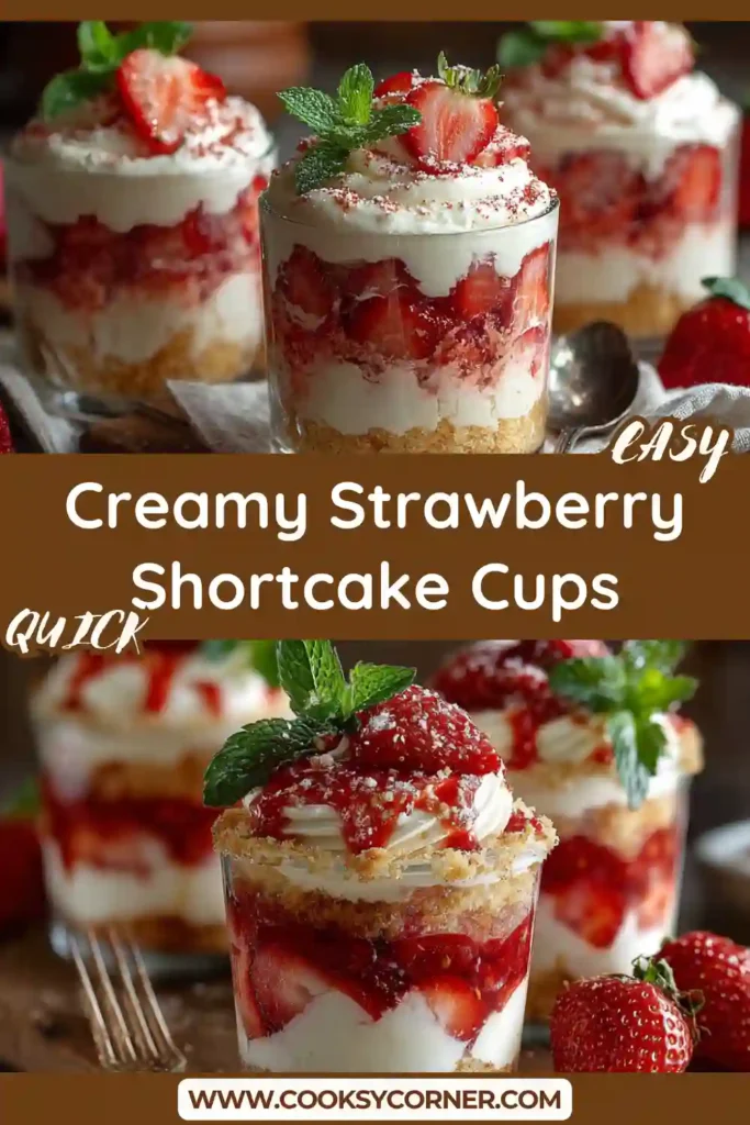 Close-up of strawberry dessert cups with whipped topping and crumb topping.