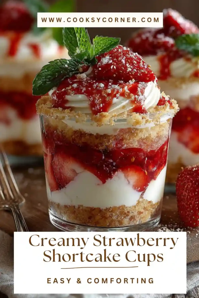 Creamy strawberry shortcake cups layered with pudding, strawberries, and cookie crumbs in clear glasses.