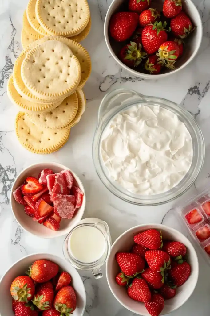 Strawberry parfait cups topped with whipped cream and fresh strawberries.