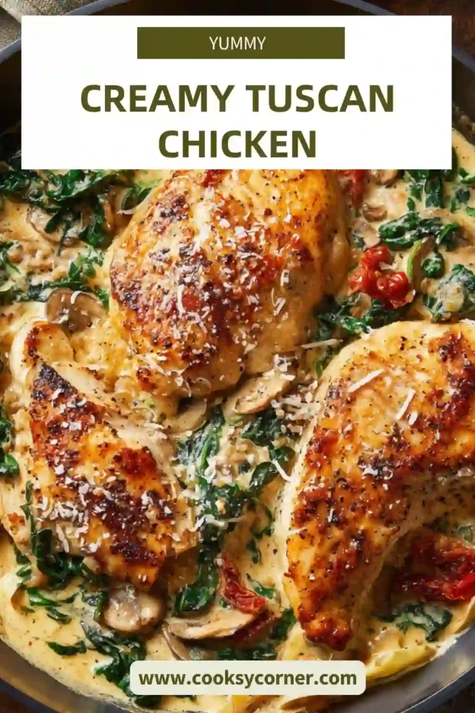 Overhead view of Creamy Tuscan Chicken with golden seared chicken in a creamy white sauce with vibrant greens and reds.