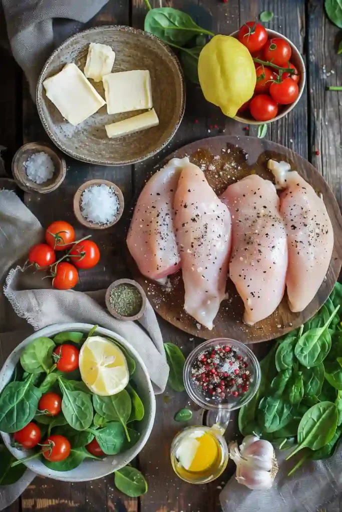 Plated Creamy Tuscan Chicken topped with sauce and served with lemon wedges, showing texture and richness.