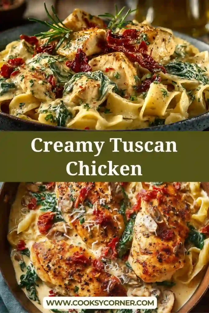 Creamy Tuscan Chicken served in a skillet with spinach and cherry tomatoes in a rich garlic cream sauce. The dish looks warm, comforting, and freshly cooked.
