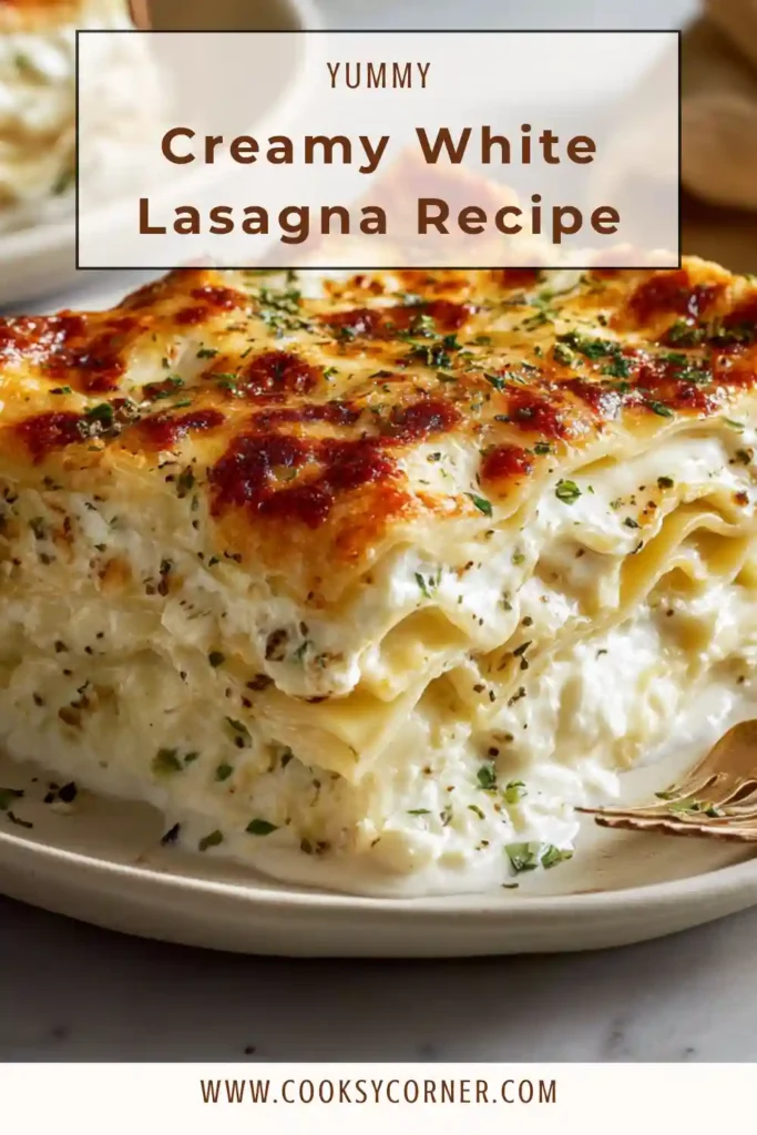 Freshly baked creamy white lasagna in a casserole dish with bubbling cheese and creamy layers visible. Perfect homemade comfort food.