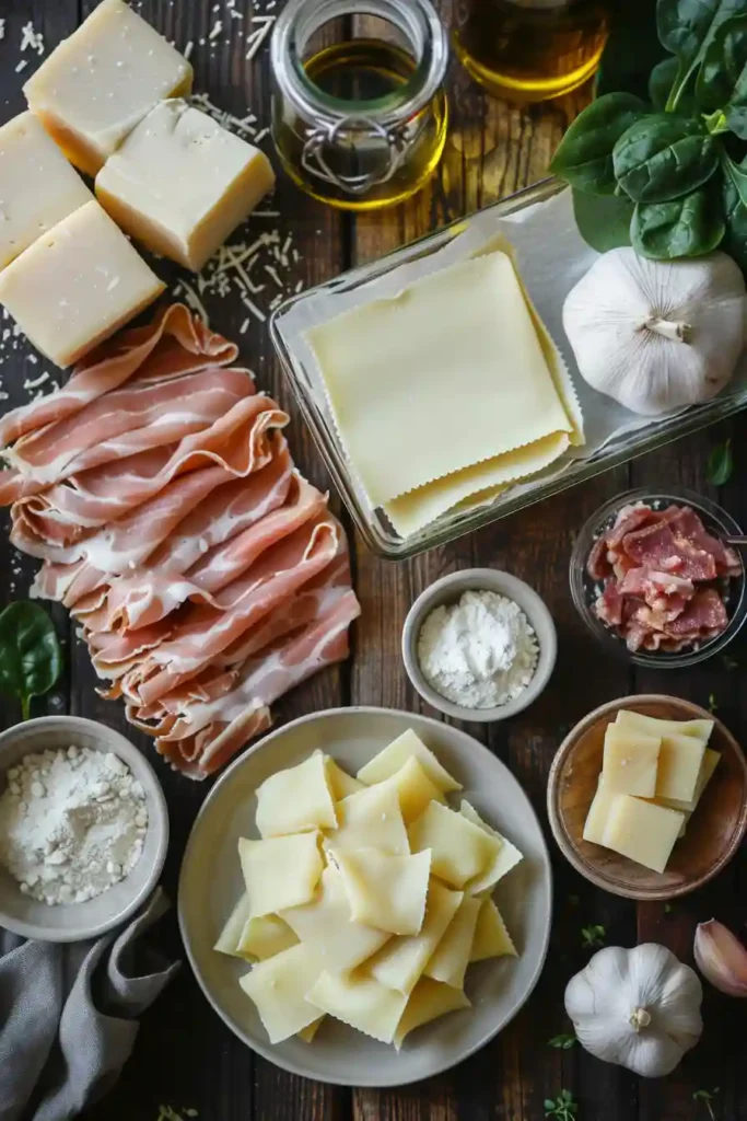 Close-up of creamy white lasagna layers with spinach, cheese, and white sauce. The dish looks rich, warm, and ready to serve.