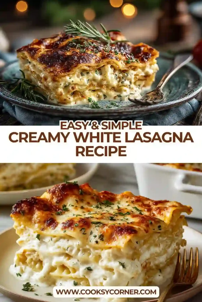 A slice of creamy white lasagna showing layers of pasta, cheese, and white sauce on a plate. The dish appears rich, cheesy, and comforting.