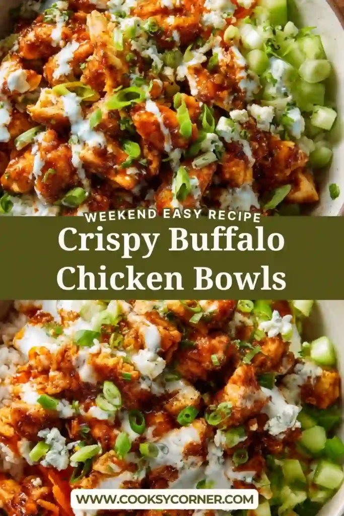 Close-up of buffalo chicken bowl showing crispy coated chicken pieces and fresh vegetables.