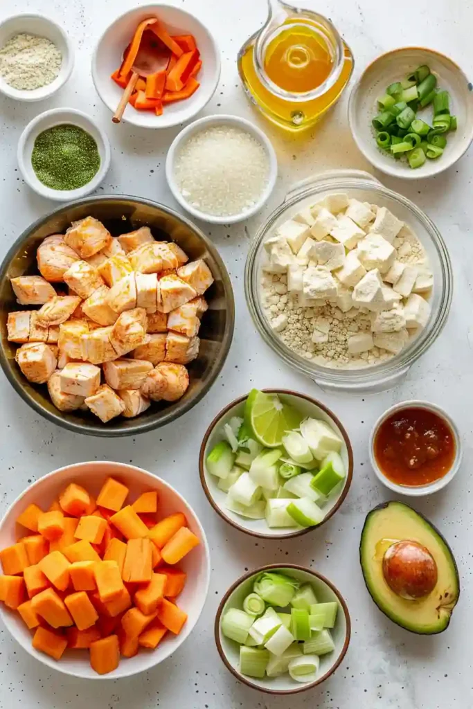 Overhead view of spicy buffalo chicken bowls with vibrant ingredients and garnish.