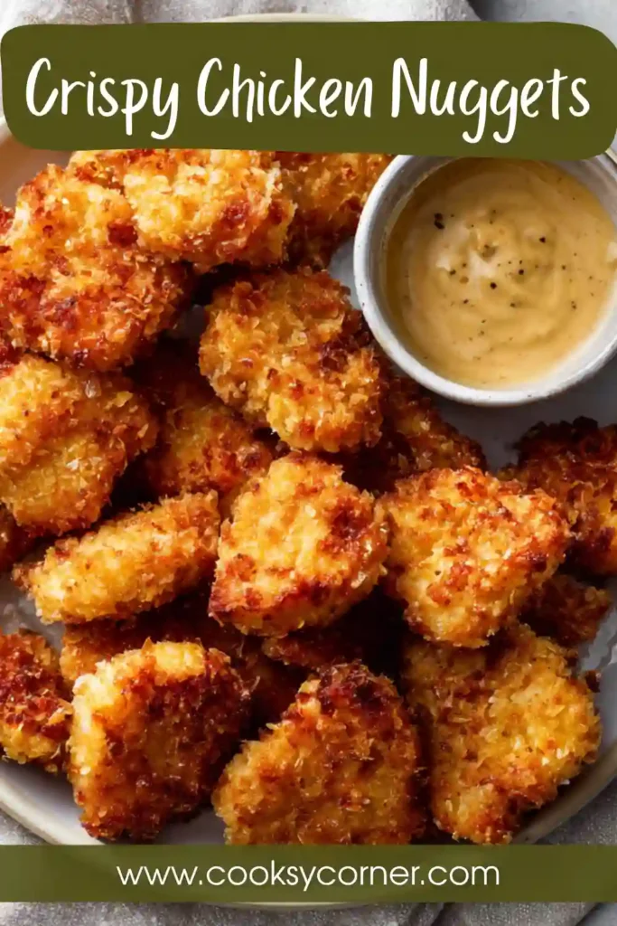 Homemade chicken nuggets plated with tangy dipping sauce.