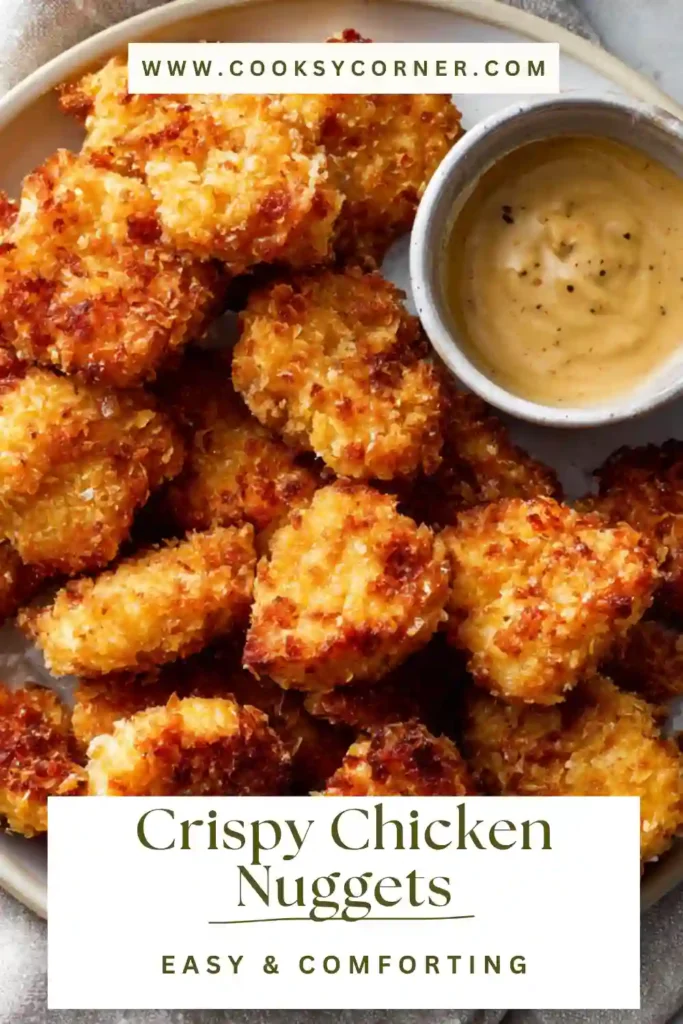 Crispy chicken nuggets served with a creamy dipping sauce on the side.