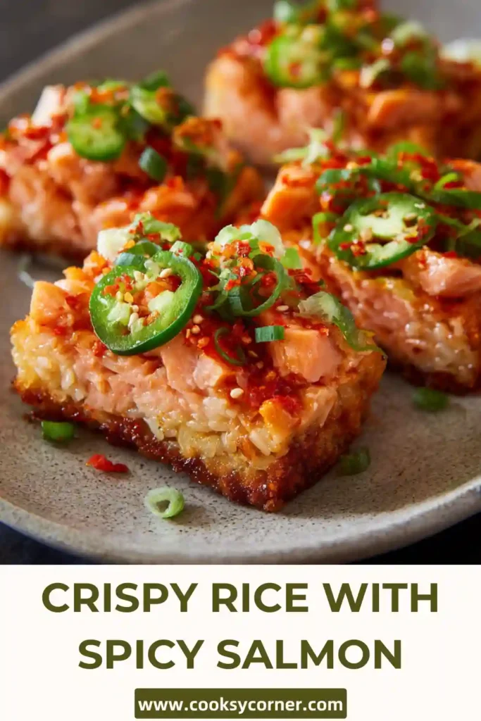 Plate of crispy rice bites with jalapeño and sauce drizzle. Elegant and flavorful dish.
