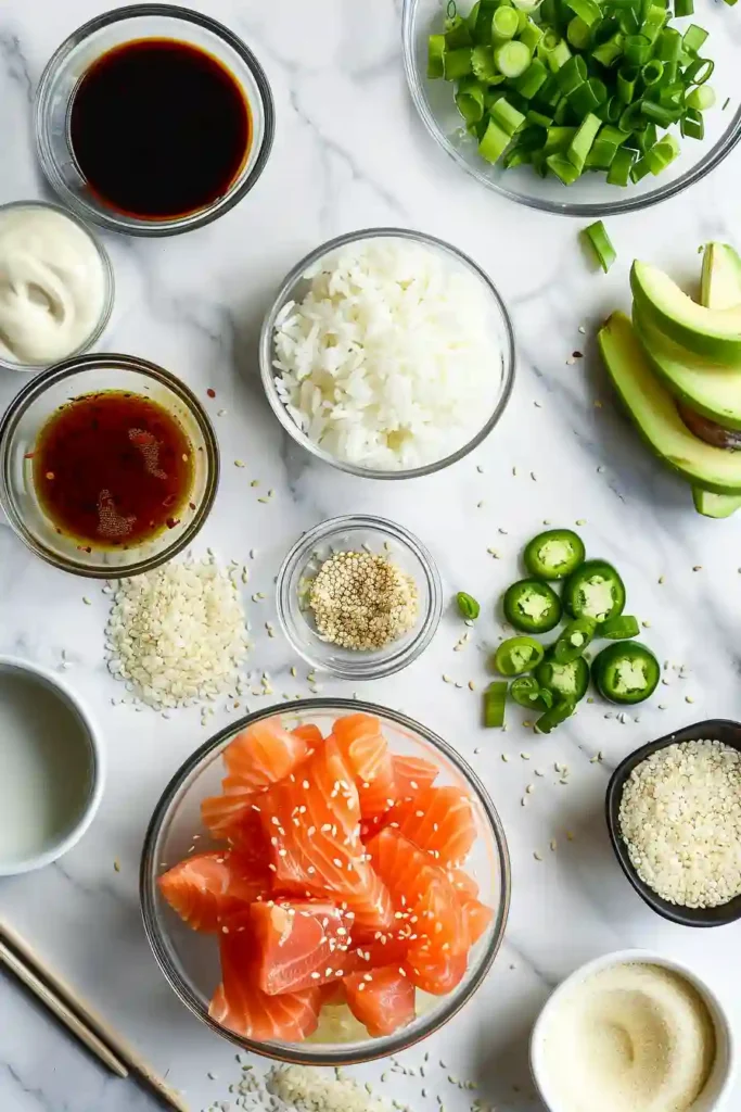 Homemade sushi-style crispy rice with salmon and toppings. Fresh and appetizing presentation.