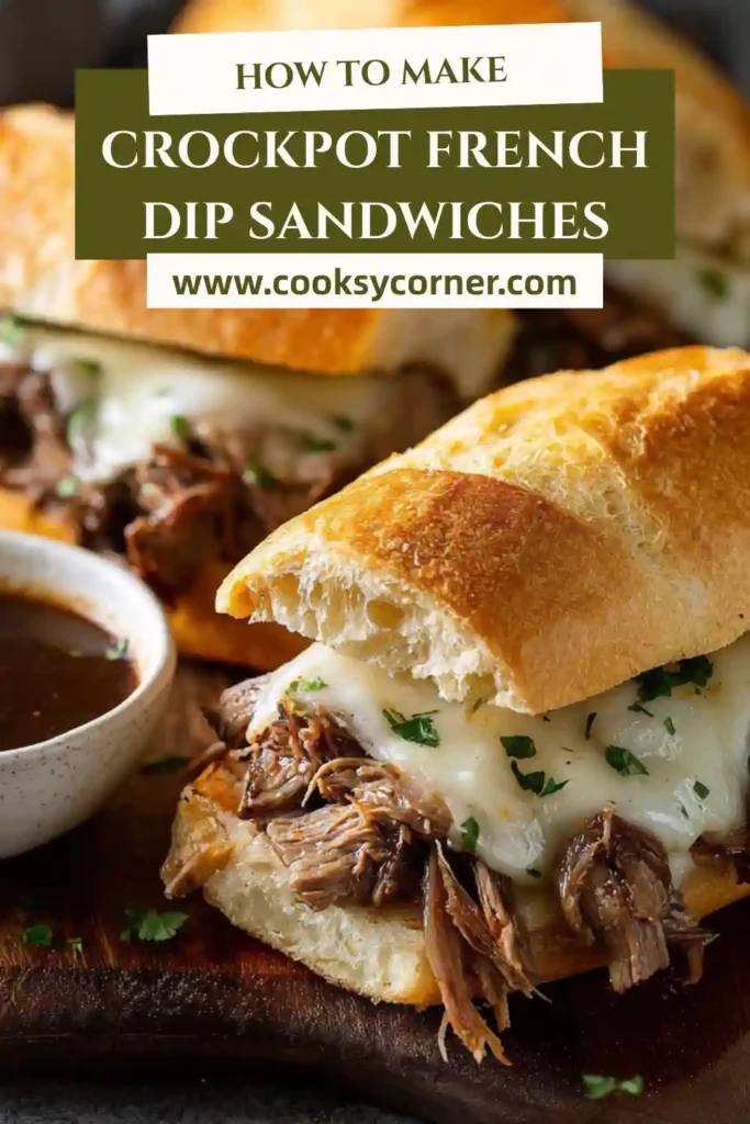 Close-up of crockpot shredded beef sandwich dripping with juices, served with a small bowl of au jus for dipping.