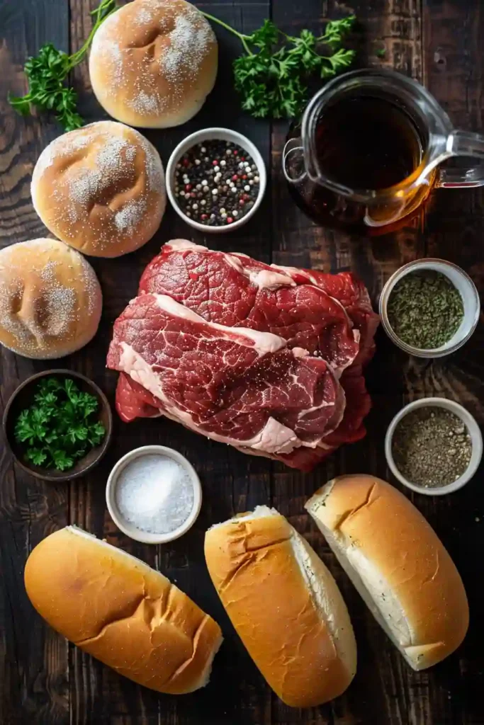 Homemade Crockpot French Dip Sandwiches arranged on a plate with fresh parsley garnish and dipping broth.