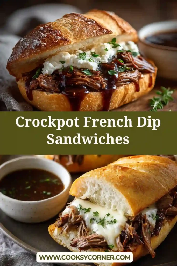 Slow cooker French dip sandwich with melted provolone cheese and shredded beef inside a warm roll. A side of rich au jus is visible.