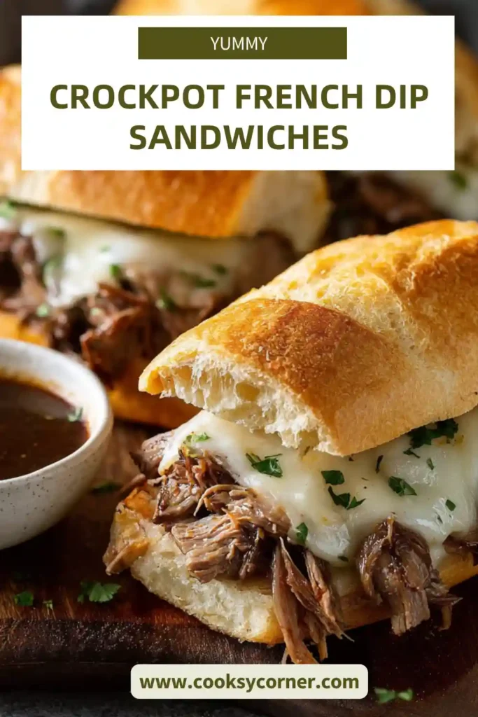 Crockpot French Dip Sandwiches filled with tender shredded beef on toasted hoagie rolls served with au jus dipping sauce. The beef looks juicy and flavorful.