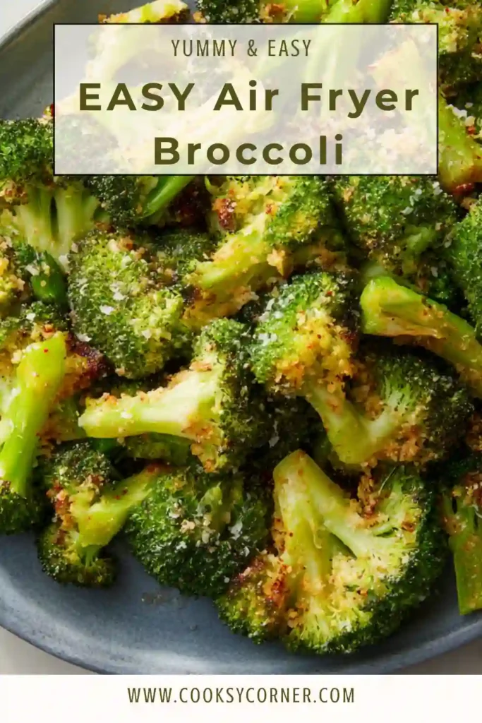 Close-up of air fryer broccoli showing crunchy texture and vibrant green color. Lightly seasoned and cooked to perfection.