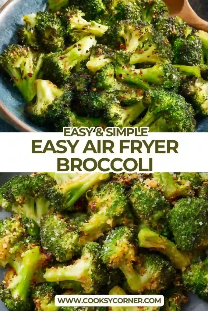 Homemade air fryer broccoli with garlic and oil, roasted until crispy and golden brown.