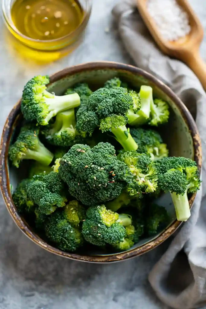 Crispy air fryer broccoli served in a bowl with golden edges and garlic seasoning. The florets are perfectly roasted and slightly charred.