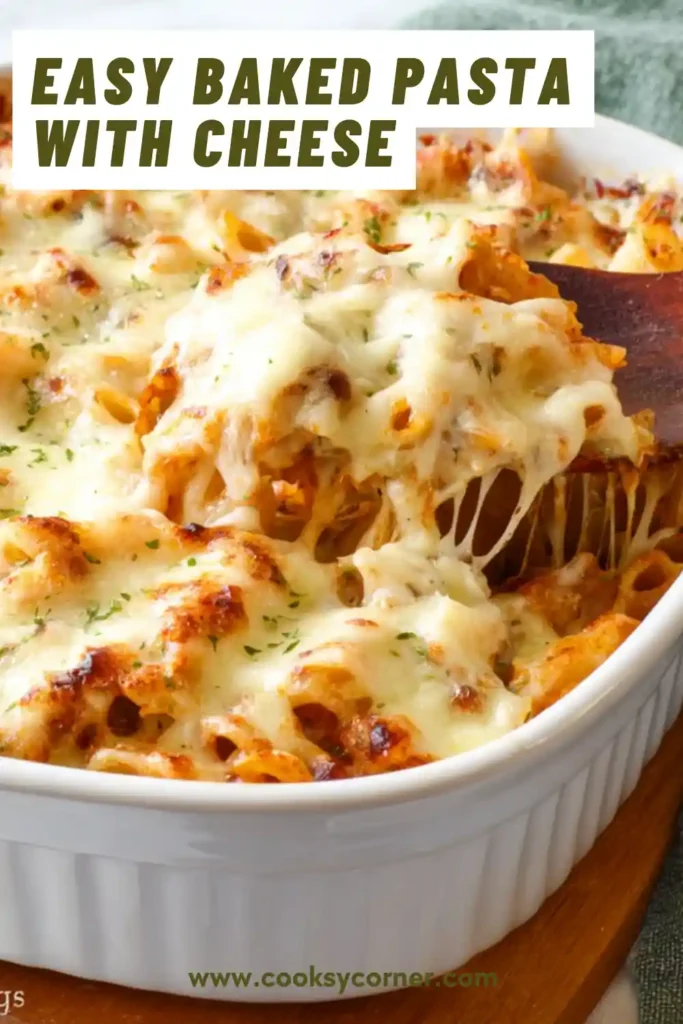 Oven baked pasta with cheese served hot with bubbling edges and melted Parmesan on top. Ideal for family dinner meals.