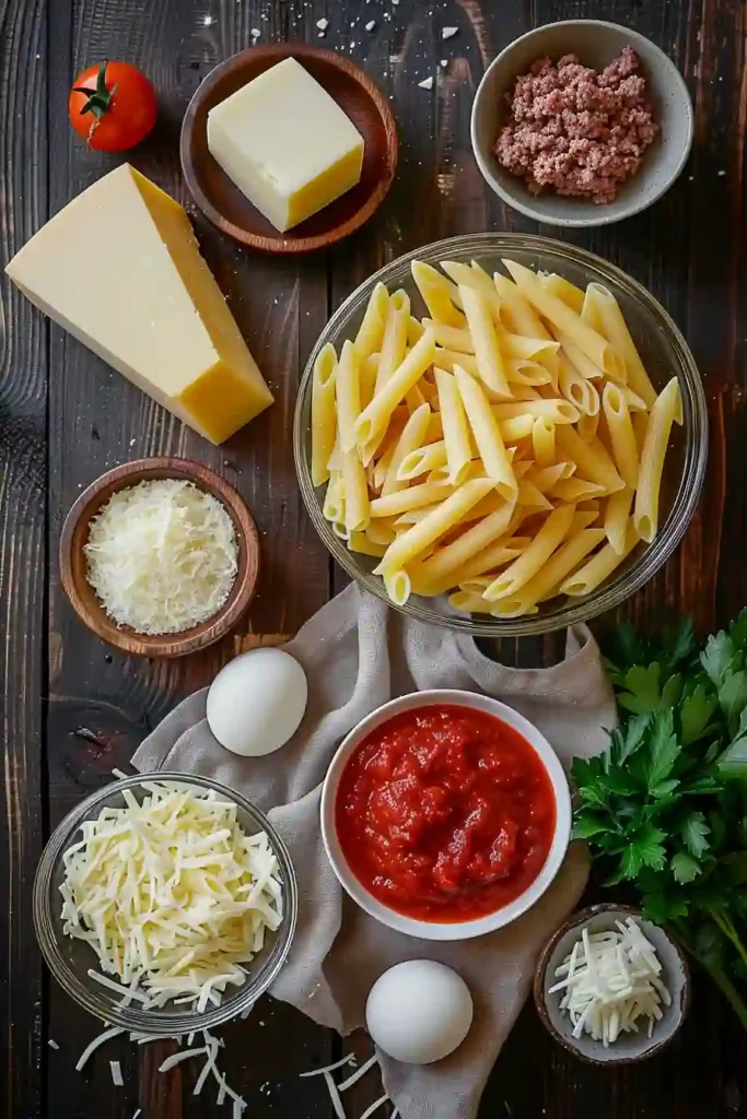 A serving of baked pasta with cheese on a plate, showing creamy texture and rich tomato base with melted cheese layers.