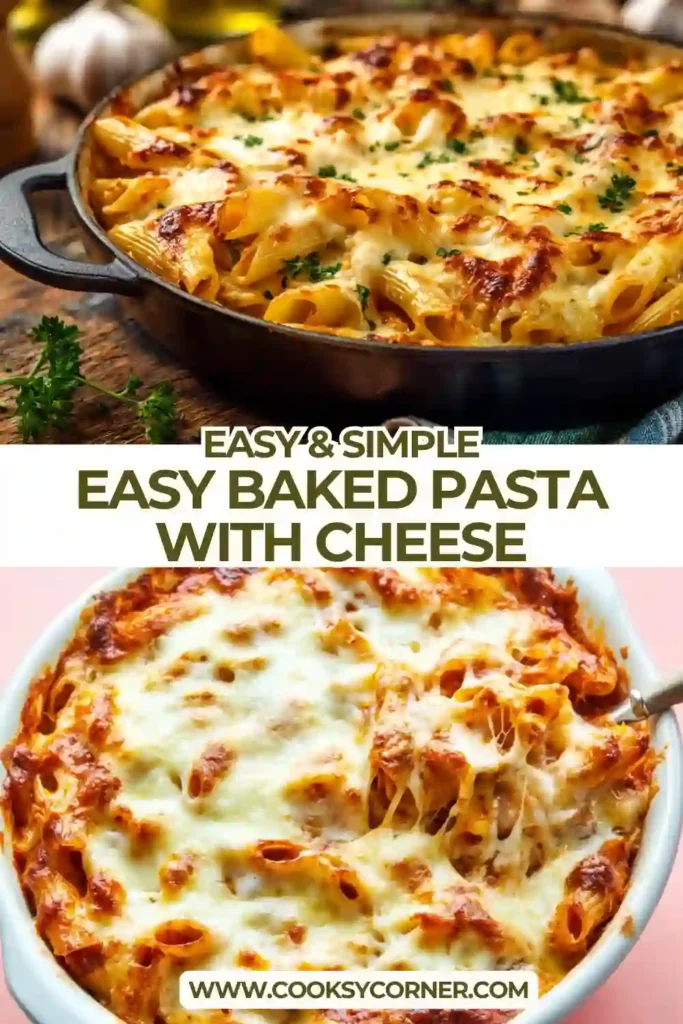 Close-up of cheesy baked pasta showing gooey mozzarella and thick tomato sauce coating each piece of pasta. Perfect comfort food dish.