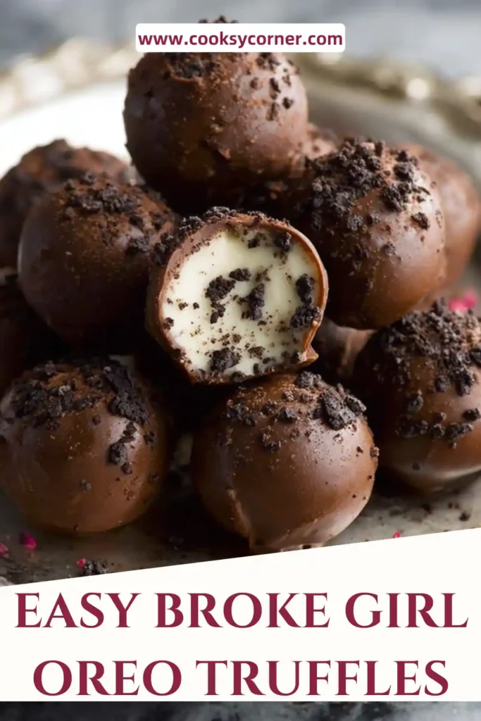 A plate of Broke Girl Oreo Truffles coated in glossy chocolate and topped with rose hips. The truffles appear rich and smooth with a decadent finish.