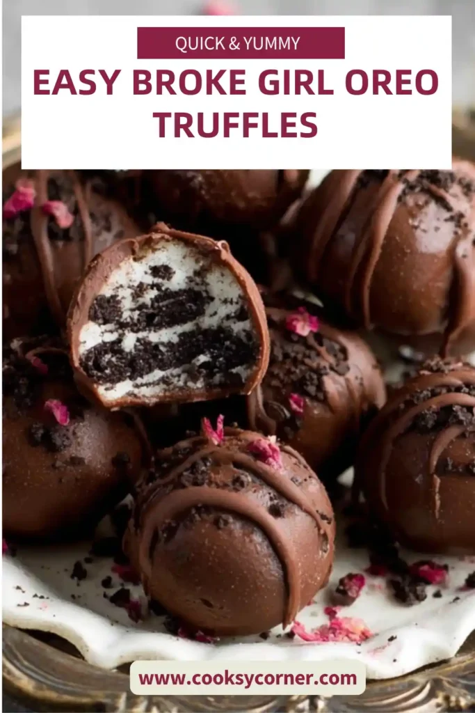 Close-up of chocolate-covered Oreo balls with decorative rose hips and crumbs. The surface is shiny and perfectly set.