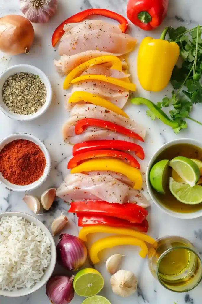 Close-up of sheet pan chicken fajita bowl with toppings and fresh herbs.