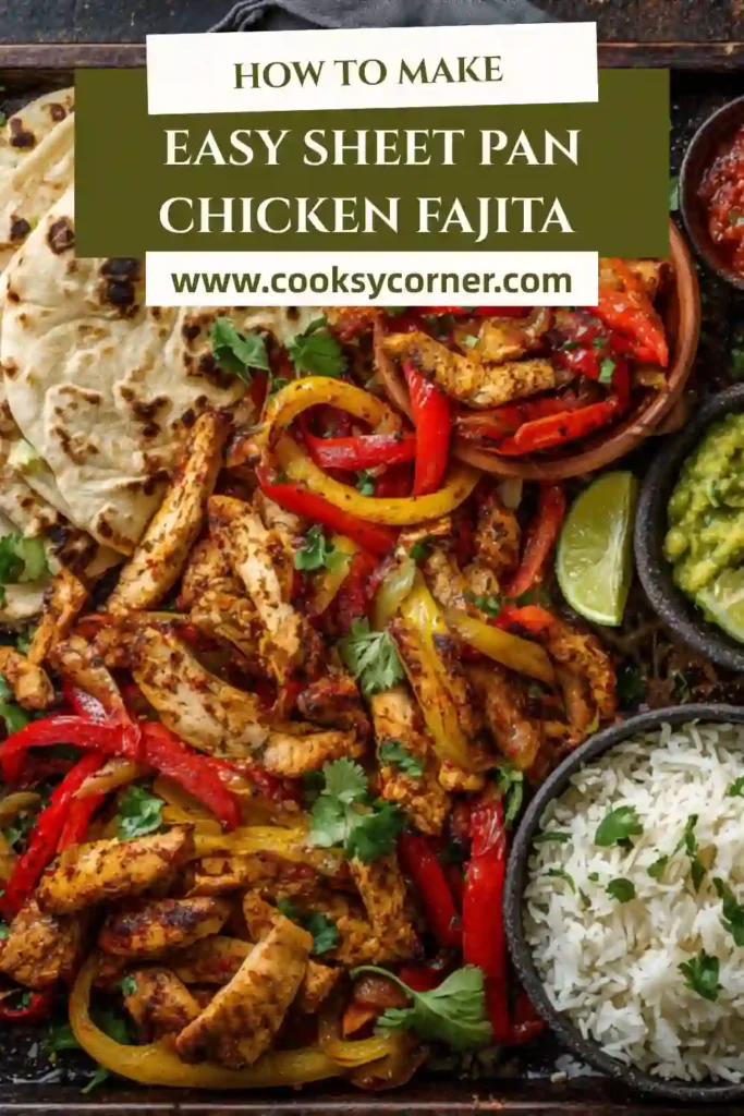 Sheet pan chicken fajita bowl with roasted peppers, onions, and seasoned chicken served over rice.