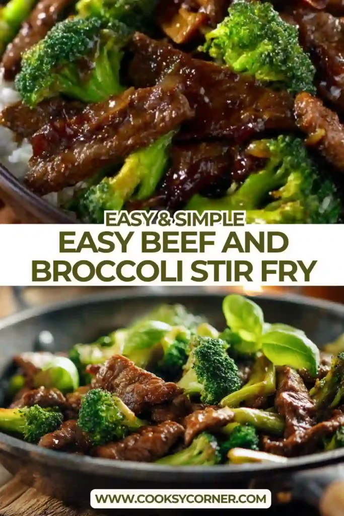 Asian-style beef and broccoli stir fry with juicy beef slices and crisp broccoli florets in a thick sauce.