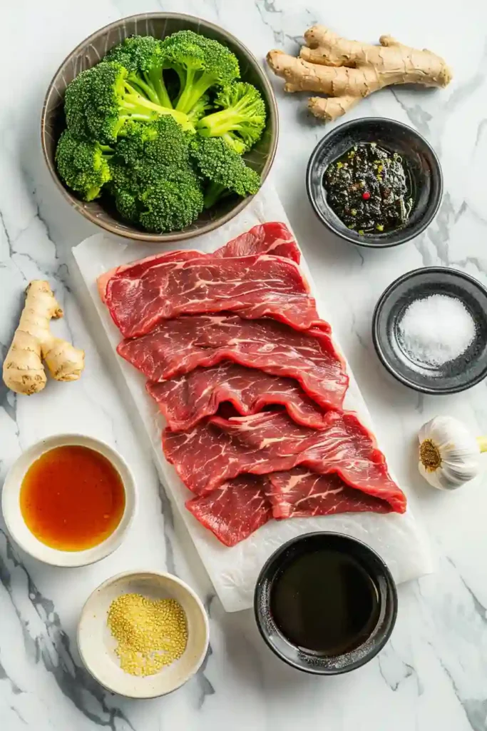 Freshly cooked beef and broccoli stir fry plated with steamed rice and garnished with sesame seeds.