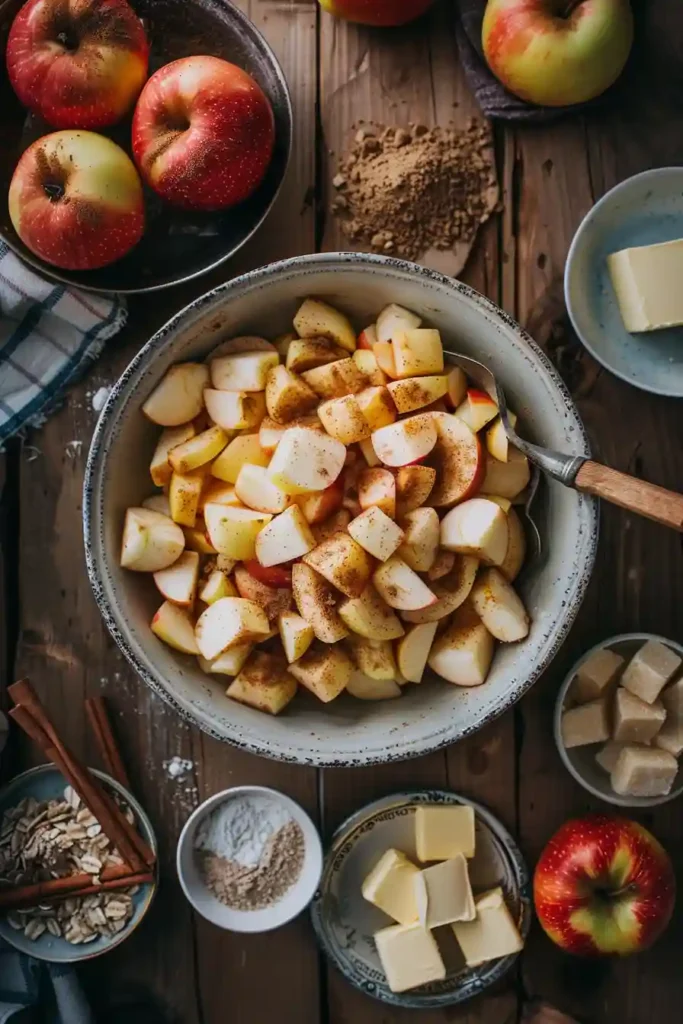 A rustic apple crumble dessert baked to golden perfection with a crumbly topping and caramelized apples.