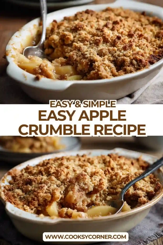 Close-up of homemade apple crumble showing buttery crumbs and soft cinnamon apples underneath. A classic comforting dessert.