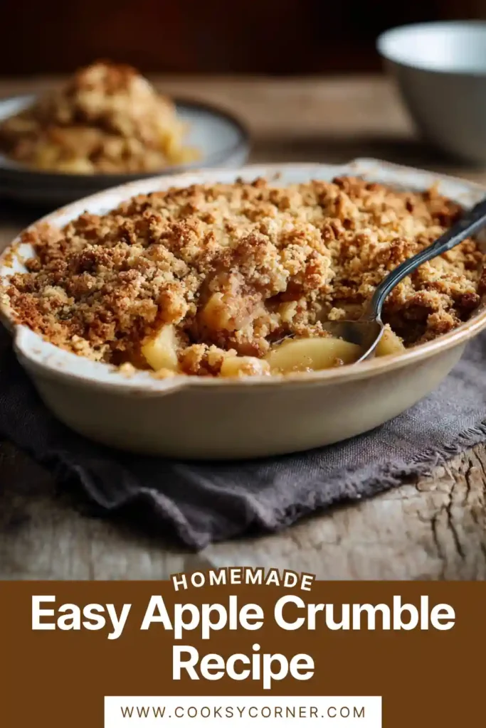 A freshly baked easy apple crumble recipe with golden topping and bubbling apple filling in a baking dish. The texture looks crisp and delicious.