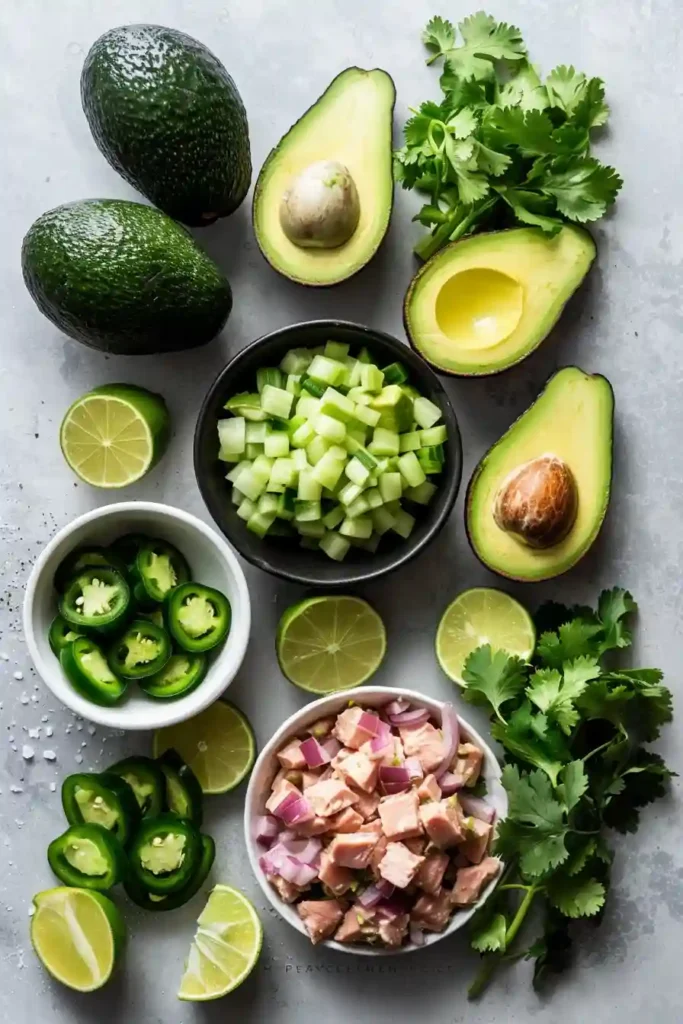 Avocado tuna salad in a bowl, showcasing its smooth texture and fresh green color with herbs and tuna chunks.