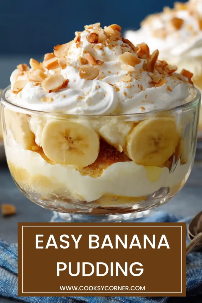A creamy easy banana pudding recipe layered with vanilla wafers and fresh banana slices in a glass dish. The texture looks smooth and rich.