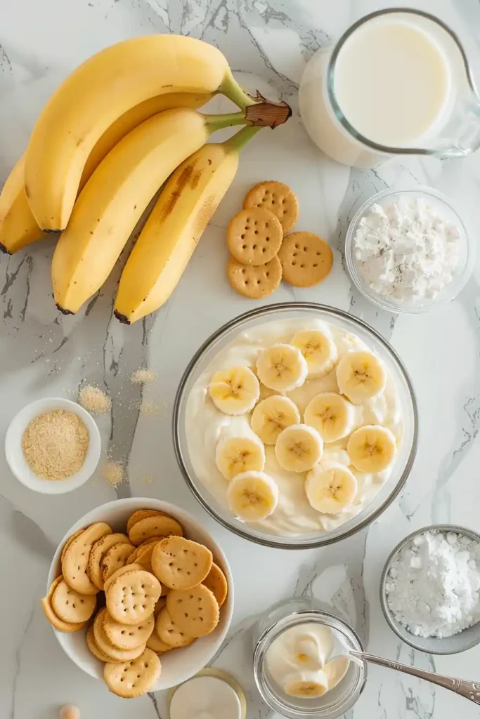 A spoon scooping creamy banana pudding with layers of vanilla wafers and fresh fruit.