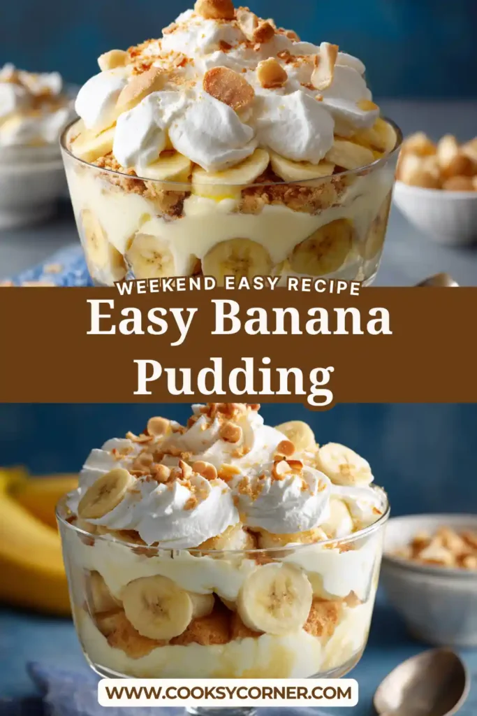 Close-up of homemade banana pudding dessert with whipped cream topping and soft cookies soaked in pudding.