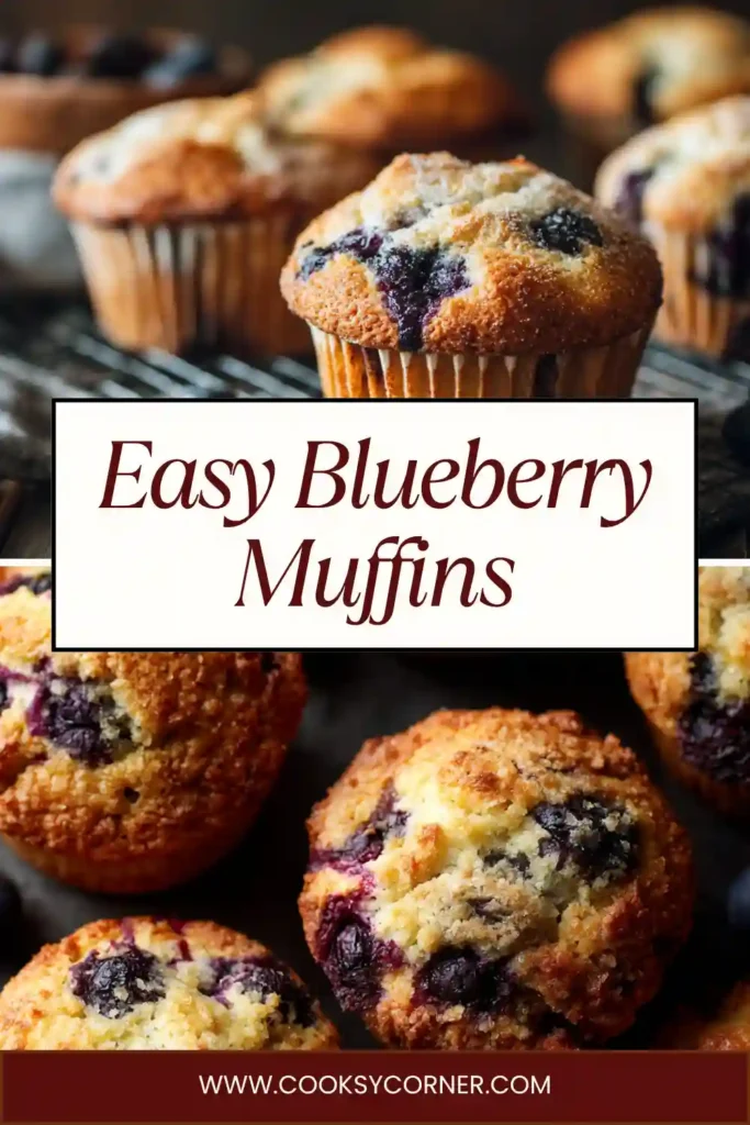 Close-up of bakery style blueberry muffins with sugar sprinkled tops and rich golden color.