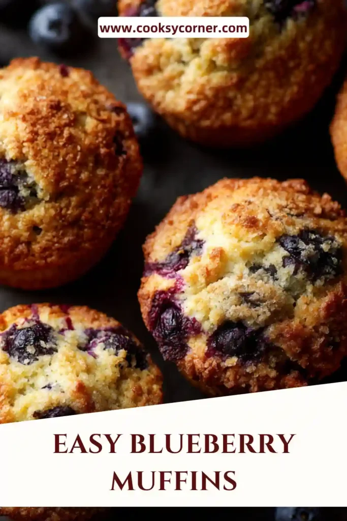 Easy blueberry muffins fresh out of the oven with golden tops and bursting blueberries, showing a soft and fluffy interior texture.