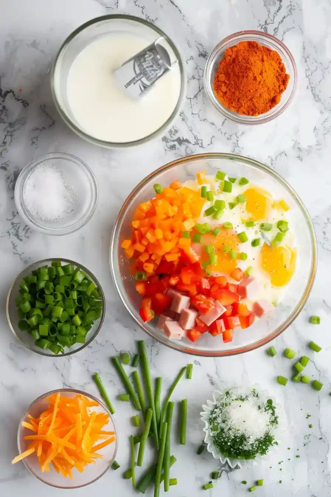 Homemade egg muffins with bell peppers and green onions in a tray. A simple and healthy breakfast recipe.