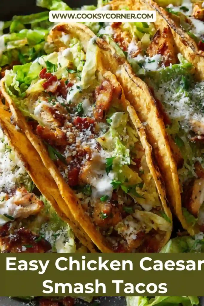 Homemade Chicken Caesar Smash Tacos layered with seasoned chicken, lettuce, and cheese in a crispy tortilla.
