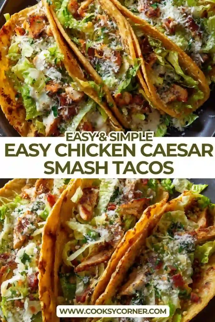 Close-up of Chicken Caesar Smash Tacos with creamy dressing and crispy panko topping. Perfect for quick meals.