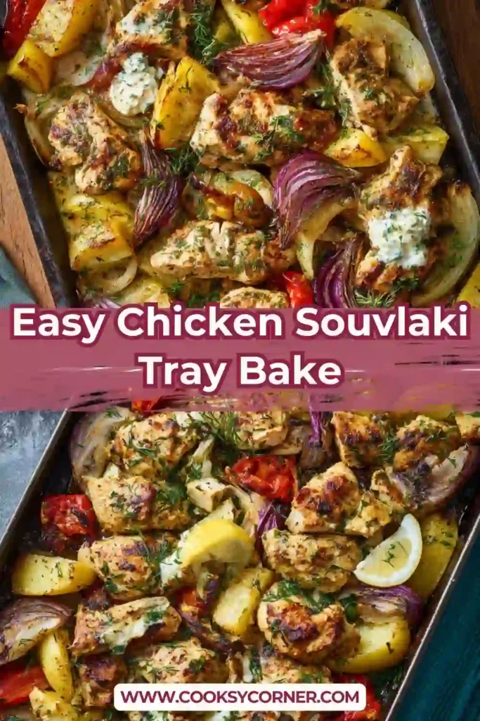 Oven-baked chicken souvlaki served with pita bread and tzatziki on a rustic tray.