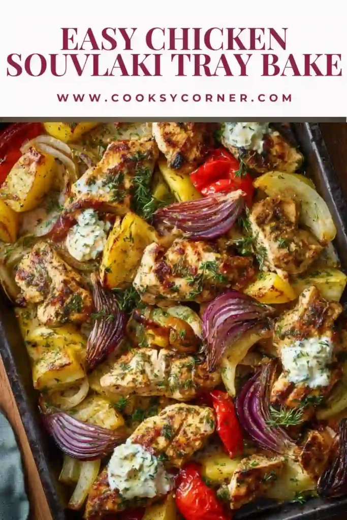 A tray of chicken souvlaki with roasted potatoes, peppers, and feta cheese, baked until golden and crispy.